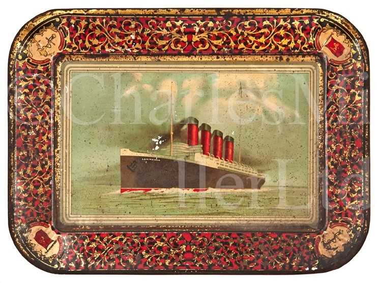 Lot 110 - A SOUVENIR TOLEWARE TRAY FROM THE R.M.S....