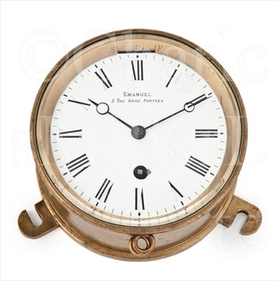 Lot 146 - A 19TH-CENTURY BRASS BULKHEAD CLOCK BY...