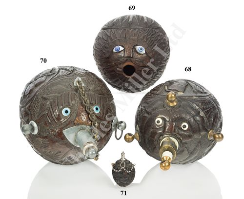 Lot 68 - Ø A SAILORWORK CARVED COCONUT BUGBEAR POWER FLASK, FIRST HALF 19TH CENTURY