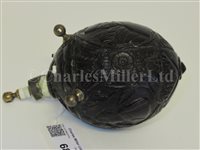 Lot 68 - Ø A SAILORWORK CARVED COCONUT BUGBEAR POWER FLASK, FIRST HALF 19TH CENTURY