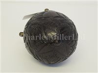 Lot 68 - Ø A SAILORWORK CARVED COCONUT BUGBEAR POWER FLASK, FIRST HALF 19TH CENTURY