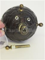 Lot 68 - Ø A SAILORWORK CARVED COCONUT BUGBEAR POWER FLASK, FIRST HALF 19TH CENTURY