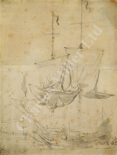 Lot 14 - FOLLOWER OF WILLIAM VAN DE VELDE (DUTCH, 17TH CENTURY); study of a warship