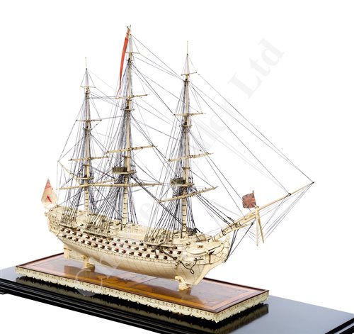 Lot 261 - A LARGE, FINELY CARVED AND WELL PRESENTED EARLY 19TH CENTURY NAPOLEONIC FRENCH PRISONER OF WAR BONE SHIP MODEL FOR A FIRST RATE SHIP OF THE LINE TRADITIONALLY IDENTIFIED AS H.M.S. CALEDONIA