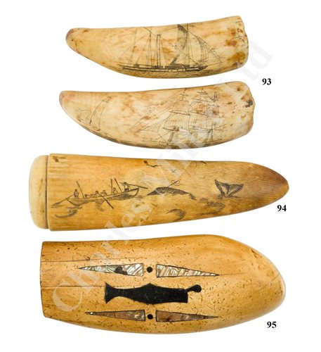 Lot 94 - Ø A 19TH CENTURY SAILORWORK SCRIMSHAW DECORATED WALRUS TUSK