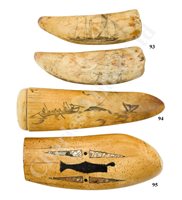 Lot 94 - Ø A 19TH CENTURY SAILORWORK SCRIMSHAW DECORATED WALRUS TUSK