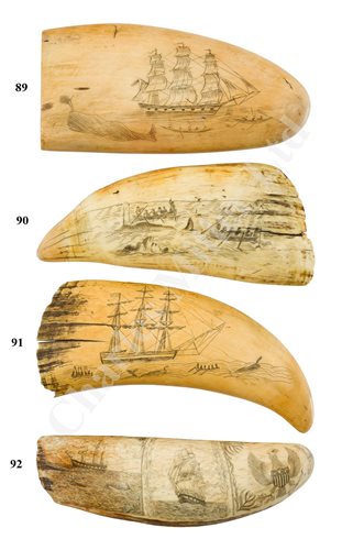 Lot 91 - Ø A 19TH CENTURY SAILORWORK SCRIMSHAW DECORATED WHALE'S TOOTH