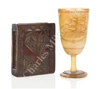 Lot 74 - AN ATTRACTIVE  SCRIMSHAW DECORATED HORN CORDIAL CUP, CIRCA 1872; and treen valentine box