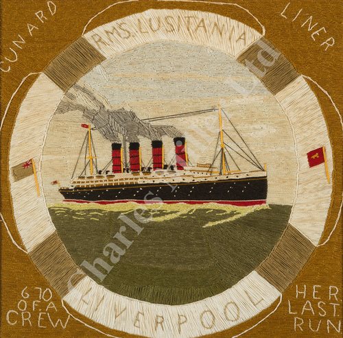 Lot 125 - AN UNUSUAL SET OF THREE WOOLWORKS DEPICTING THE SINKING OF THE LUSITANIA