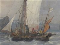 Lot 18 - THOMAS LUNY (ENGLISH, 1759–1837) - 74-gun ship in company with a Truro fishing smack, off the Longships Lighthouse and Land's End, Cornwall