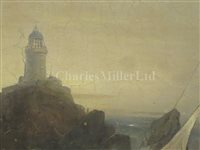 Lot 18 - THOMAS LUNY (ENGLISH, 1759–1837) - 74-gun ship in company with a Truro fishing smack, off the Longships Lighthouse and Land's End, Cornwall