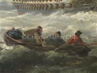 Lot 18 - THOMAS LUNY (ENGLISH, 1759–1837) - 74-gun ship in company with a Truro fishing smack, off the Longships Lighthouse and Land's End, Cornwall