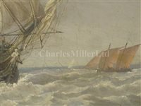Lot 18 - THOMAS LUNY (ENGLISH, 1759–1837) - 74-gun ship in company with a Truro fishing smack, off the Longships Lighthouse and Land's End, Cornwall