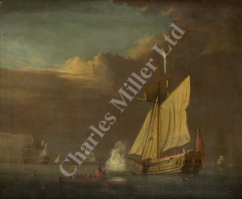 Lot 15 - ATTRIBUTED TO PETER MONAMY (ENGLISH, 1681-1749) - An Admiralty yacht saluting the departure of a visiting captain, with warships becalmed beyond