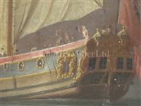Lot 15 - ATTRIBUTED TO PETER MONAMY (ENGLISH, 1681-1749) - An Admiralty yacht saluting the departure of a visiting captain, with warships becalmed beyond