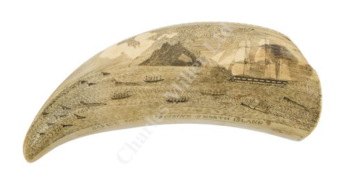 Lot 84 - Ø A FINE SAILORWORK SCRIMSHAW DECORATED WHALE'S TOOTH, 1830s-40s