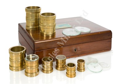 Lot 245 - A SET OF STANDARD APOTHECARY MEASURES BY DE GRAVE, SHORT & CO., LONDON, 1879