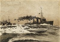 Lot 51 - ENGLISH, 20TH CENTURY SCHOOL: H.M.S. Q23 in dazzle camouflage;; with two others