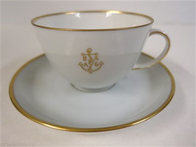 Lot 57 - HAMBURG-AMERICAN (H.A.P.A.G.) LINE: A PALE BLUE PORCELAIN COFFEE CUP AND SAUCER BY FÜRSTENBERG, GERMANY, CIRCA 1950