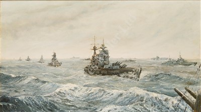 Lot 108 - δ DOUGLAS H. CHAFFEY (BRITISH, B. 1924), Invasion of Sicily with 'Rodney' in the foreground, 1942