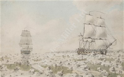 Lot 58 - JOHN CLEVELEY THE YOUNGER (BRITISH, 1747-1786) H.M.S. 'Carcass' in company with H.M.S. 'Racehorse' in search of the North West Passage