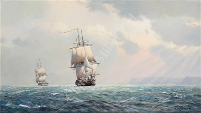 Lot 40 - δ DEREK GEORGE MONTAGUE GARDNER (BRITISH, 1914-2007) 'Galatea' & 'Sylph' in company off Belle-Ile, August 1796