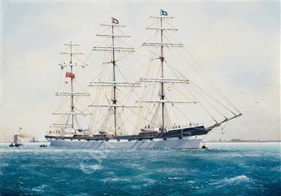 Lot 22 - δ WILLIAM M BALL (BRITISH, 1923-2008) The barque 'Harbinger' at anchor