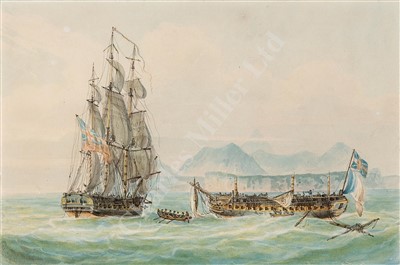 Lot 46 - ATTRIBUTED TO NICHOLAS POCOCK (BRITISH, 1740-1821) 'San Fiorenzo' & La 'Piemontaise' off Ceylon, 1804