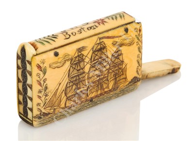Lot 134 - Ø AN AMERICAN SCRIMSHAW DECORATED MARINE IVORY VESTA