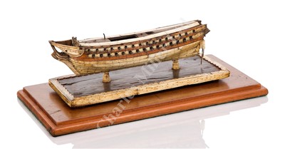 Lot 308 - AN EARLY 19TH CENTURY FRENCH NAPOLEONIC PRISONER-OF-WAR WOOD AND BONE SHIP MODEL FOR A 74-GUN FRIGATE