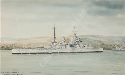 Lot 106 - δ ERIC TUFNELL (BRITISH, 1888-1978) H.M.S. 'King George V' lying at Faslane