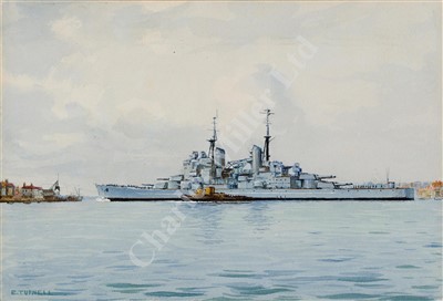 Lot 117 - δ ERIC TUFNELL (BRITISH, 1888-1978) H.M.S. 'Vanguard' in Portsmouth Harbour