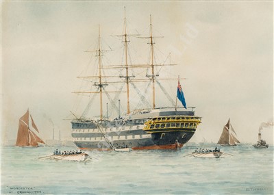 Lot 82 - δ ERIC TUFNELL (BRITISH, 1888-1978) H.M.Training Ship 'Worcester' at anchor, Greenhithe