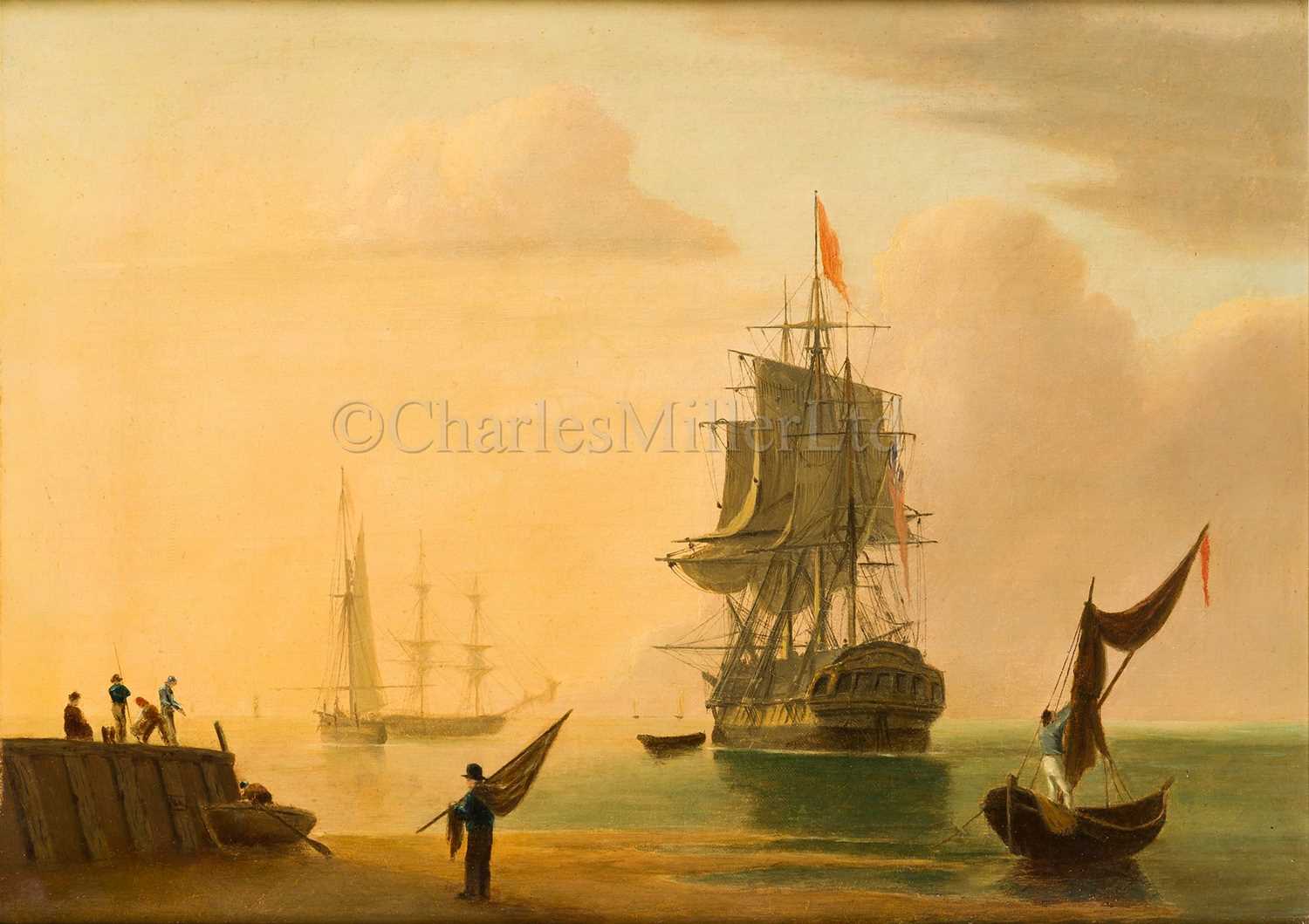 Lot 37 - ENGLISH SCHOOL, 19TH CENTURY Beach scene with a man o'war at anchor