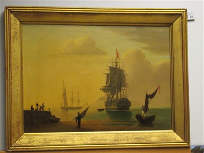 Lot 37 - ENGLISH SCHOOL, 19TH CENTURY Beach scene with a man o'war at anchor