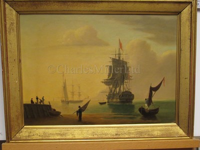 Lot 37 - ENGLISH SCHOOL, 19TH CENTURY Beach scene with a man o'war at anchor