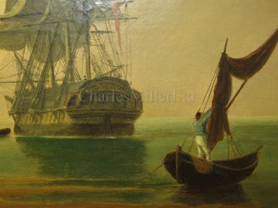Lot 37 - ENGLISH SCHOOL, 19TH CENTURY Beach scene with a man o'war at anchor