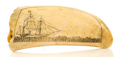 Lot 144 - Ø A MID-19TH CENTURY SAILOR DECORATED SCRIMSHAW WHALE'S TOOTH