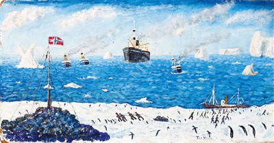Lot 133 - TASMAN YOUNG, CIRCA 1925 The Antarctic Whaling Fleet from the Icepack, with a coal cairn in foreground