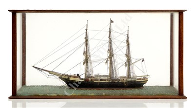 Lot 316 - AN HISTORICALLY INTERESTING SAILOR'S WATERLINE MODEL OF THE SAIL TRAINING SHIP JOSEPH CONRAD, MODELLED DURING HER CIRCUMNAVIGATION, CIRCA 1935