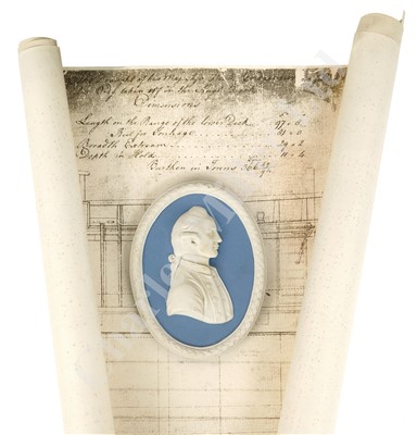Lot 32 - A MODERN WEDGEWOOD JASPERWARE PLAQUE OF CAPTAIN JAMES COOK: and Endeavour plans
