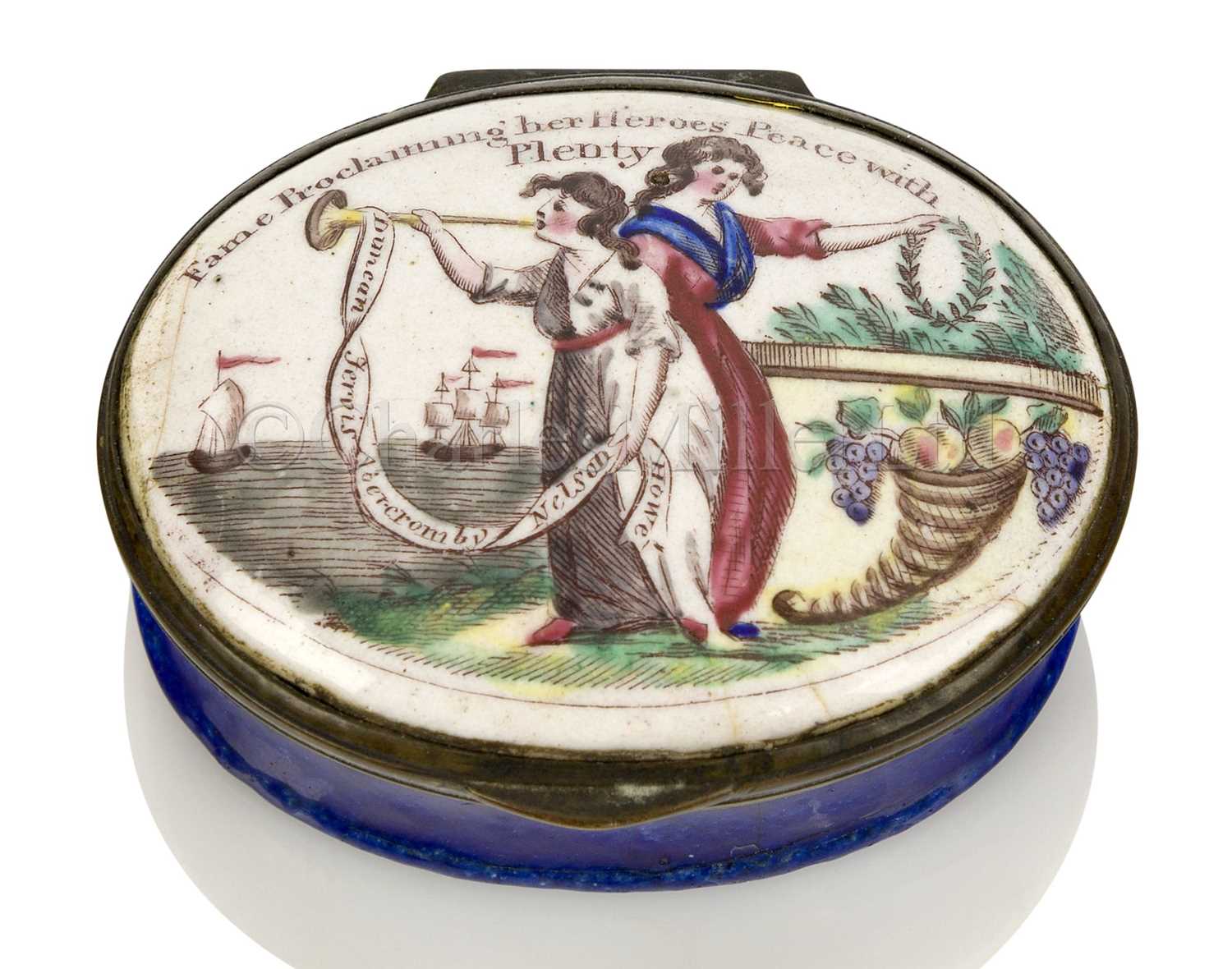 Lot 63 - A BILSTONWARE PATCH BOX CELEBRATING THE PEACE OF AMIENS, CIRCA 1803