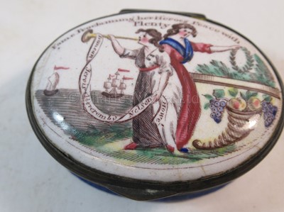 Lot 63 - A BILSTONWARE PATCH BOX CELEBRATING THE PEACE OF AMIENS, CIRCA 1803