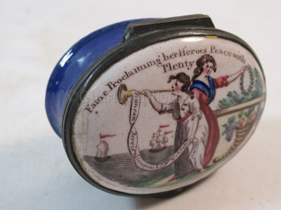 Lot 63 - A BILSTONWARE PATCH BOX CELEBRATING THE PEACE OF AMIENS, CIRCA 1803