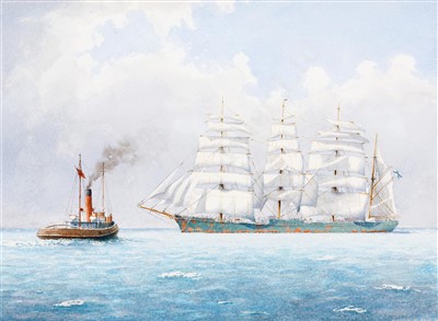 Lot 3 - δ WILLIAM M BALL (BRITISH, 1923-2008) Tug going to a Rickmer Line barque