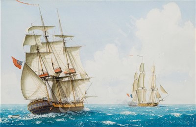 Lot 41 - δ WILLIAM M BALL (BRITISH, 1923-2008) The Frigate 'Diana'; Men O' War at anchor