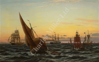 Lot 24 - CHRISTIAN ECKARDT (DANISH, 1832-1914): A London hay barge passing Chapman Sands lighthouse, off Canvey Island in company with varied shipping