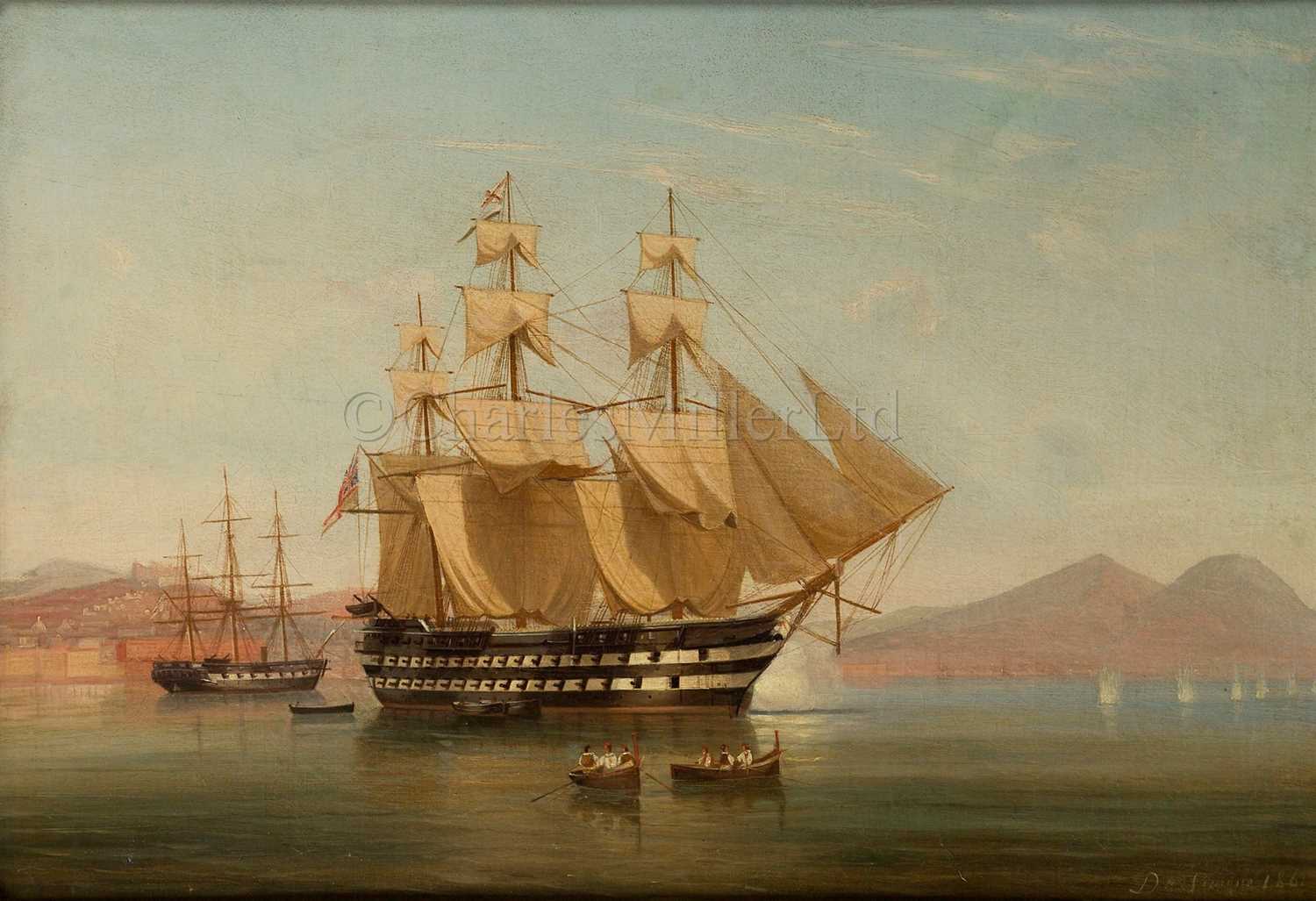 Lot 85 - TOMMASO DE SIMONE (ITALIAN, c1805-1888): H.M.S. 'James Watt' at gunnery practise in the Bay of Naples