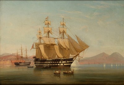 Lot 85 - TOMMASO DE SIMONE (ITALIAN, c1805-1888): H.M.S. 'James Watt' at gunnery practise in the Bay of Naples