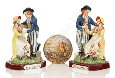 Lot 199 - A PAIR OF 19TH CENTURY SUNDERLAND PEARL WARE SAILOR’S ‘DEPARTURE’ AND ‘RETURN’ GROUPS; and a pot lid